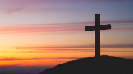 Easter sunday background with cross silhouette at sunset