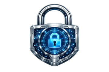 Digital padlock shackle with blue glowing circuits protecting data, network security, and internet privacy