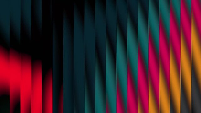 Vibrant colorful striped pattern with red, teal, pink, and yellow hues on a dark background 4k, glass effect animated background