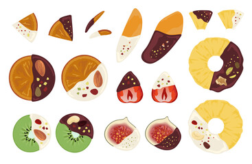 Assorted Fruit Chocolate Illustration Set, Chocolate Covered Fruits Vector Isolated