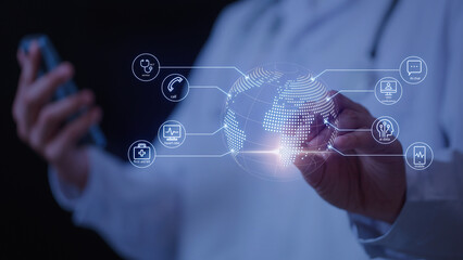 Advanced digital healthcare interface with telemedicine icons and global map for futuristic ai diagnosis and smart medical communication concept