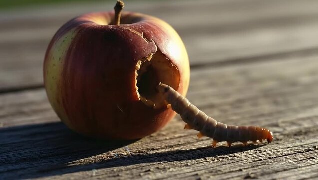 Worm Emerging from Red Apple on Weathered Wooden Surface in Natural Light
