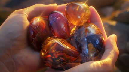Sunlight Filtering Through Polished Gemstones and Amber Held in the Palms of a Hand