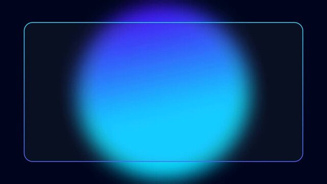 Abstract animation of glowing blue circle gradient with rounded rectangular glassmorphism frame on dark background