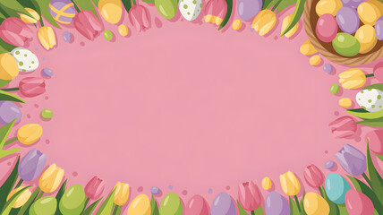 Easter sunday background with colorful tulips and eggs border
