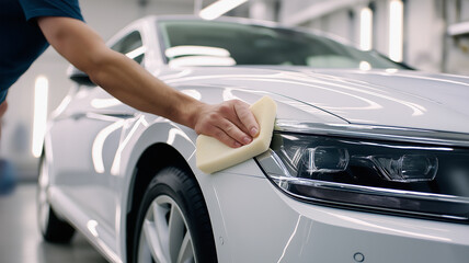 Mechanic gently uses a sponge to repair the car's paint finish in a bright workshop space Generative AI