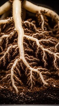 Detailed View Of Plant Roots Growing Through The Soil, Exploring The Ecosystem