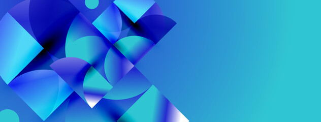Abstract blue shapes overlap, creating dynamic visual effect. Gradient hues suggest depth, modern design aesthetic.