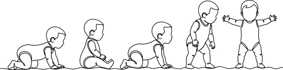 Fototapeta premium baby, infant, toddler, child, growth, development, milestone, crawling, walking, standing, learning, progress, childhood, parenting, family, care, nurture, cute, illustration, outline