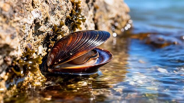 Open mussel on rocky shore