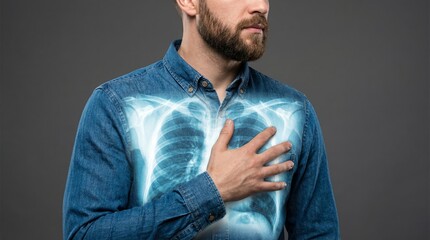 Obraz premium Man holding chest with lung x-ray overlay for lung cancer check, respiratory disease diagnosis and healthcare concept