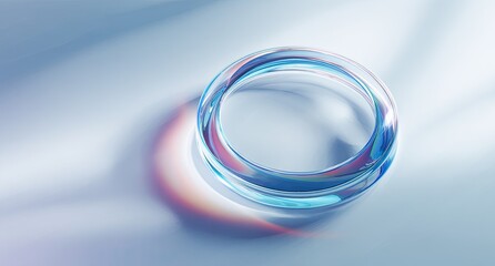 A close-up view of a transparent, colorful ring casting a shadow on a light blue surface