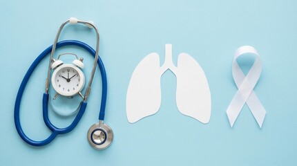 White ribbon with stethoscope and paper lungs for lung cancer awareness month, medical screening check and hope concept