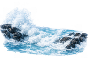 Ocean wave crashing into dark rocks creating sea foam and splashing water, dynamic marine power, transparent background