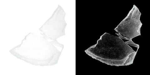 Shattered glass fragments isolated on black and white backgrounds