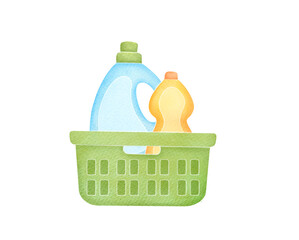 plastic bottles of household cleaning chemicals in laundry basket. bathroom cleaner, washing powder, detergent. watercolor illustration isolated on transparent background, blank label mockup