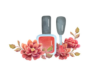 red nail polish in glass bottle and brush with floral arrangements. cute watercolor illustration isolated on transparent background, clip art and cut out element design