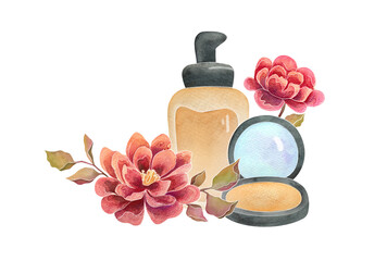 compact Face Powder, beige foundation cream, red flowers wreath. makeup products collection. watercolor illustration isolated on transparent background, clip art elements