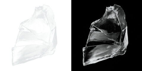 Shattered glass fragments on black and white backgrounds