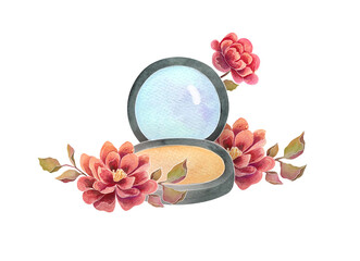 open compact Face Powder in black case, red flowers. pressed pigments for makeup, beauty product watercolor illustration isolated on transparent background, clip art and cut out elements