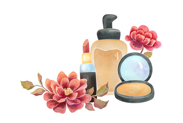 compact Face Powder, beige foundation cream, red lipstick, flowers wreath. makeup products collection. watercolor illustration isolated on transparent background, clip art elements