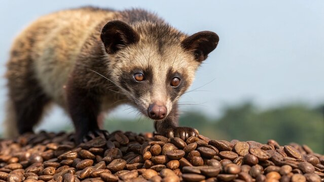 Close Up of Luwak Civet Standing on Coffee Beans Symbolizes the Concept of Luwak Coffee