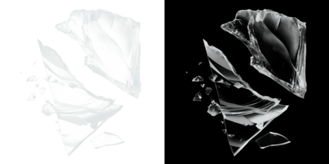 Shattered glass fragments in motion on black and white backgrounds