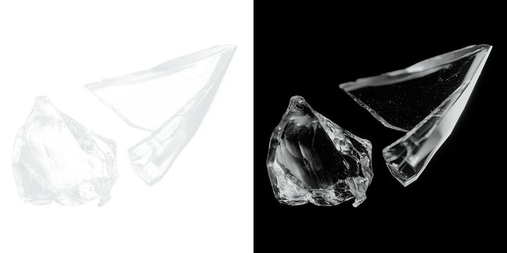 Shattered glass pieces on black and white backgrounds