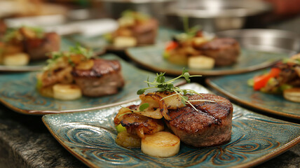 Deliciously crafted dishes showcase tender meat and vibrant vegetables garnished with herbs Generative AI