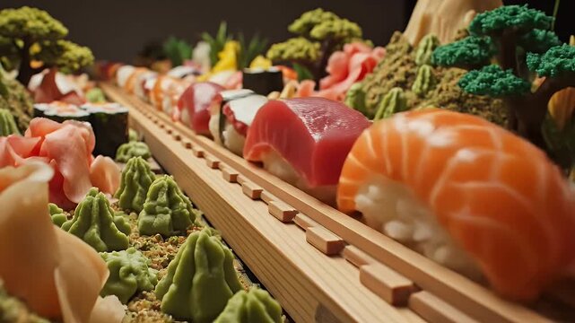 A miniature bullet train made of red tuna nigiri leads a long line of fresh salmon, shrimp, and tuna sushi pieces traveling along a wooden railway track through a whimsical Japanese themed landscape.