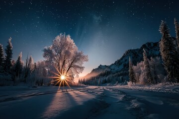 Fototapeta premium Night sky with Milky Way over snowy forest and warm glow lighting the winter landscape