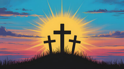 Easter sunday background with crosses at sunrise