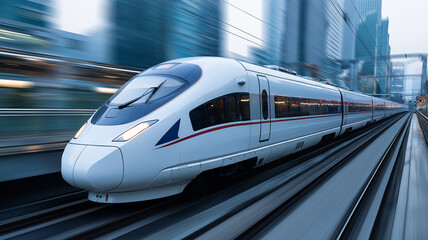 Fototapeta premium A sleek train races past modern buildings, showcasing speed and innovation in the evening light Generative AI