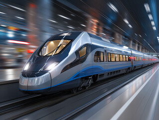 Fototapeta premium A high-speed train zooms by bright platforms, merging technology and elegant design Generative AI