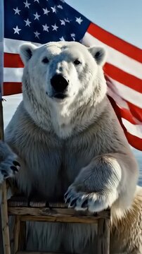 Polar bear sitting with american USA flag in Greenland, a concept of forced annexation threat from the USA government