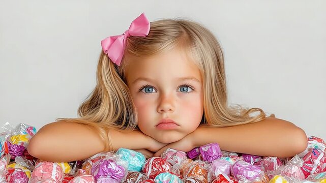 selective focus sad child surrounded by scattered candy wrappers on the floor