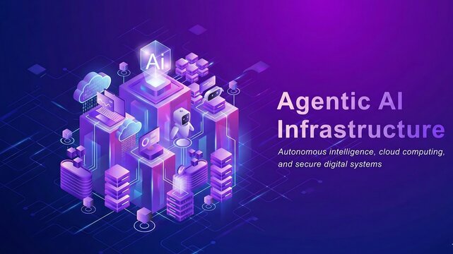 Agentic AI network ecosystem with autonomous robots and artificial intelligence isometric style ai