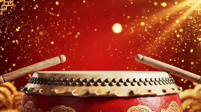 Dragon Boat Festival Traditional Red Drum and Sticks on Red Gold Gradient