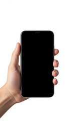 Hand holding smartphone isolated on transparent background