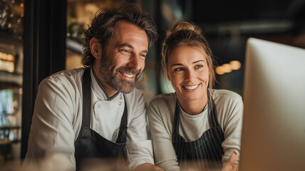 Chefs laugh joyfully while discussing recipes and menu ideas in a rustic kitchen setting Generative AI