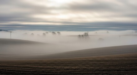 Obraz premium Rolling cultivated fields disappear into thick atmospheric fog beneath a bright, clouded sky