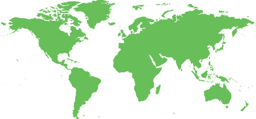 Green world map silhouette on a white background, global geography and travel concept.