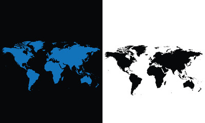 Split screen with blue world map on black and black silhouette on white.