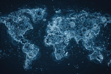 Illuminated, abstract digital rendering of the world map with connected nodes and swirling patterns