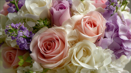 Obraz premium Delicate roses and hydrangeas bloom in soft pastels, forming a vibrant floral arrangement Generative AI