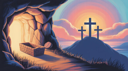 Easter sunday background with empty tomb and crosses at sunrise