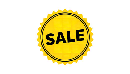 Naklejka premium A bright yellow sale sticker on a transparent background with a black outline and bold text