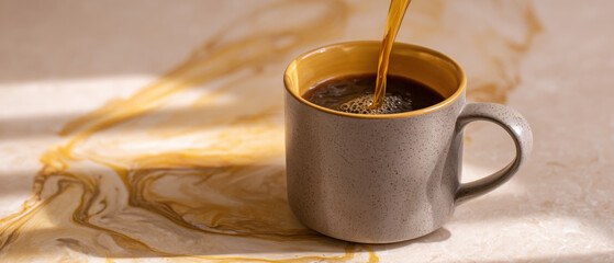 Coffee mug pour ceramic hot steam morning sunlight marble countertop with warm morning sunlight and gentle pour, steam rising over hot coffee in ceramic mug on marble countertop