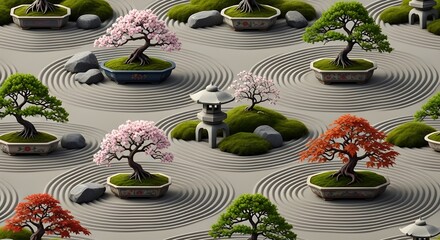Zen Garden Bonsai Tree and Raked Sand Seamless Texture Pattern