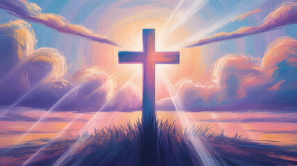 Easter sunday background with cross and radiant sunlight